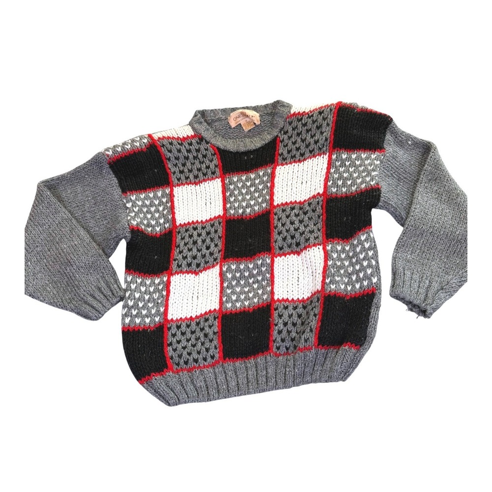 Vintage 80s One Up Hand Knit Sweater Men's M Gray Patchwork Crewneck